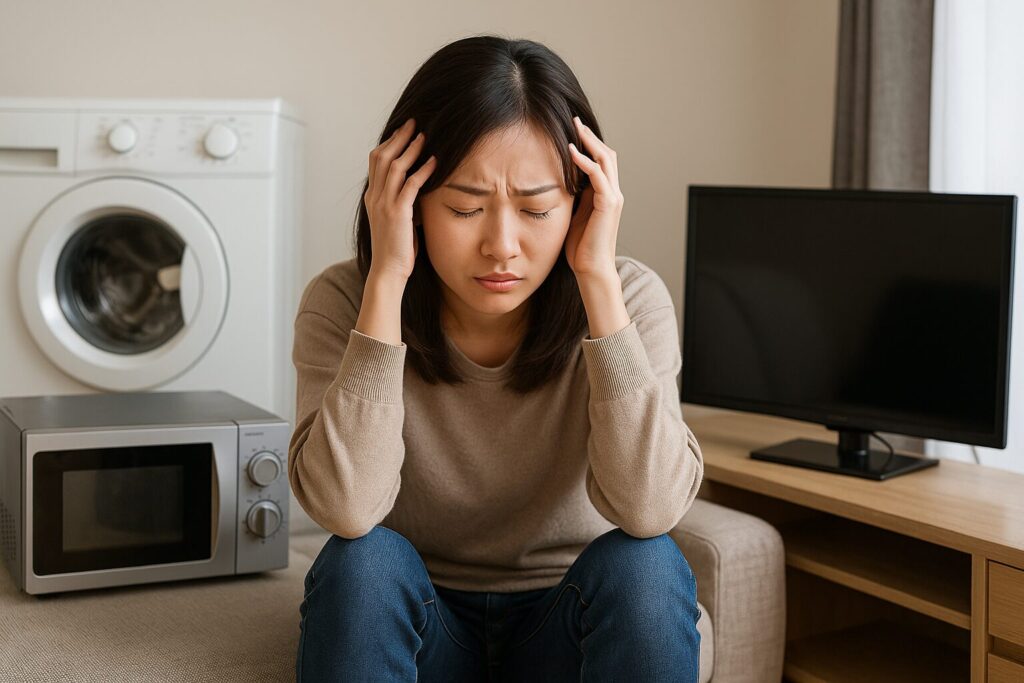 柔軟剤の香りで運気UPは難しい?香料の残留と“波動の濁り”の真実。家電が壊れたり不運が続いてる女性の図